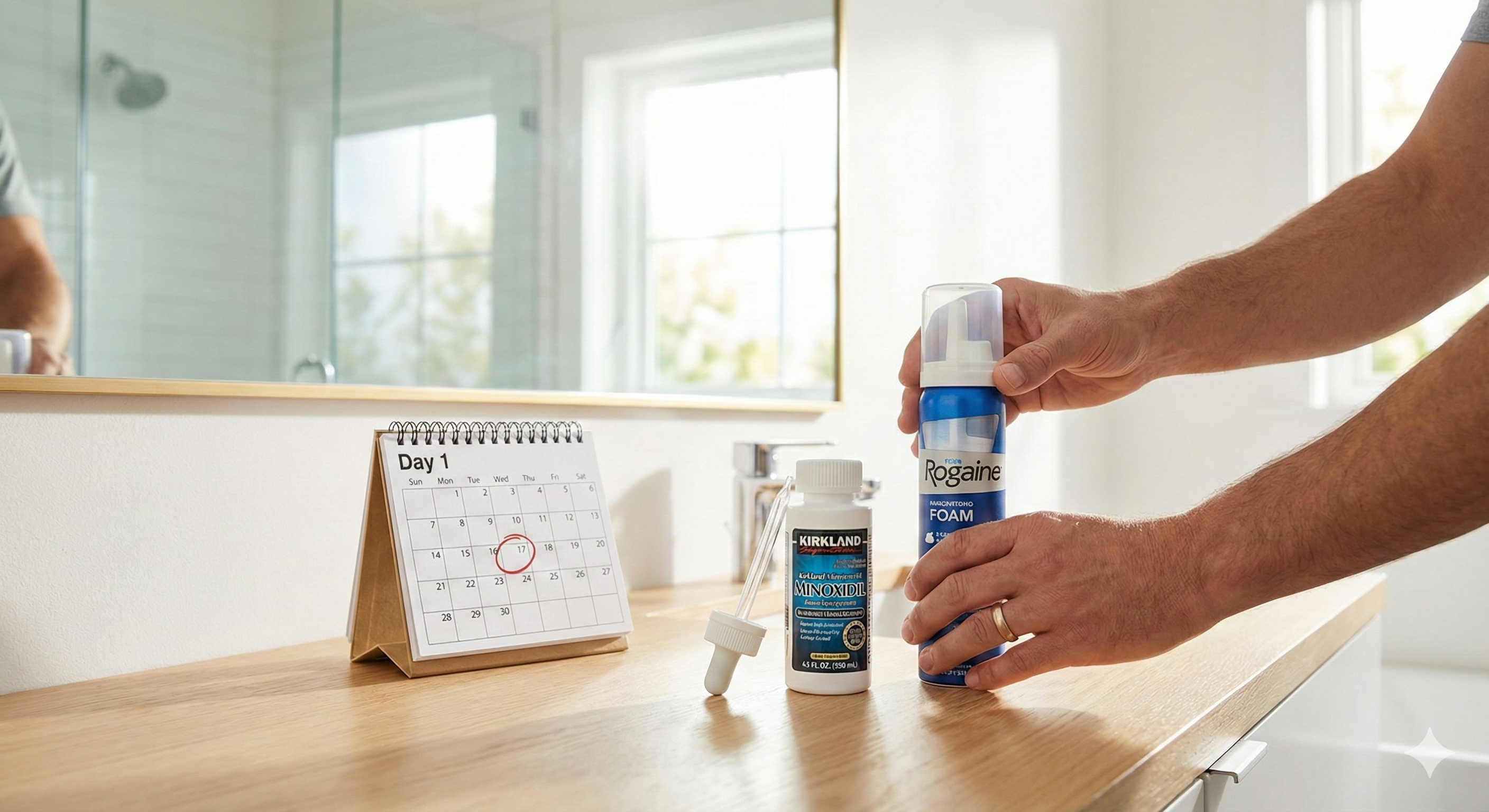 2026年新手生髮指南首圖:明亮浴室中擺放著 Kirkland 生髮水與落建慕斯,日曆標示第一天,象徵開始生髮療程。