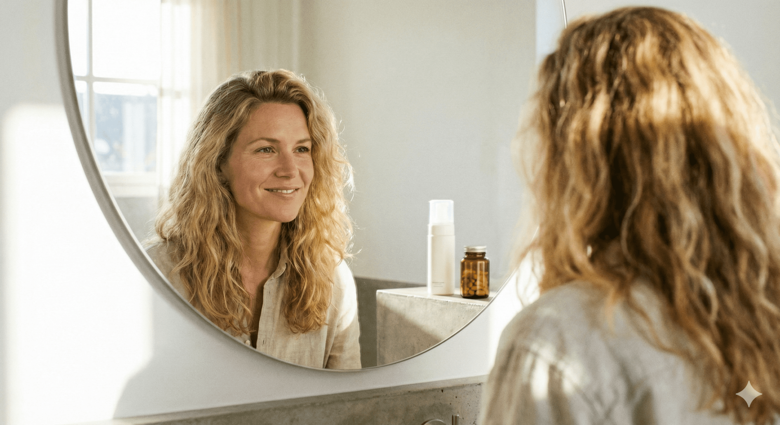 2026女性生髮攻略首圖：一位充滿自信的女性在明亮的浴室鏡前檢視健康豐盈的秀髮，象徵治療後的希望。